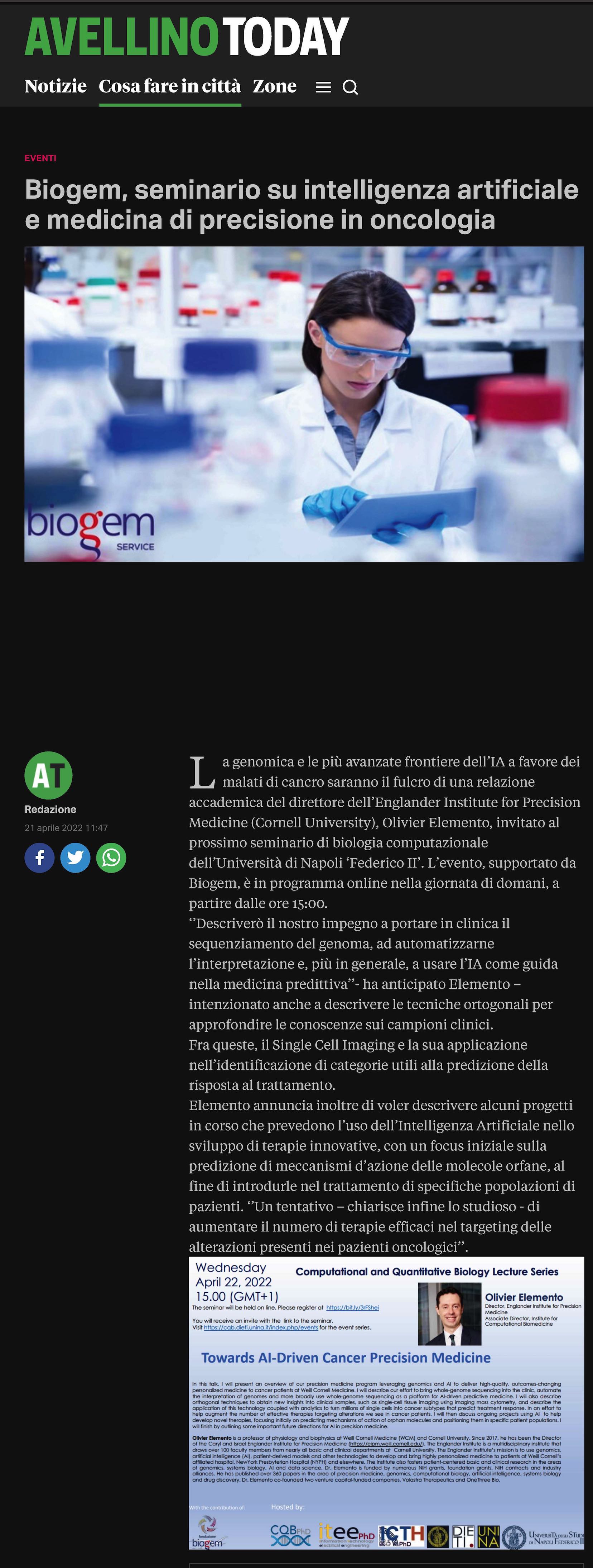 Biogem, seminario su intelligenza artificiale e medicina di precisione in oncologia